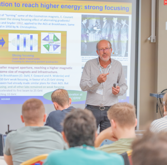 Maurizio Vretenar during his lecture about Aplications of particle accelerators during the 2025 Introductory CAS course in Spain